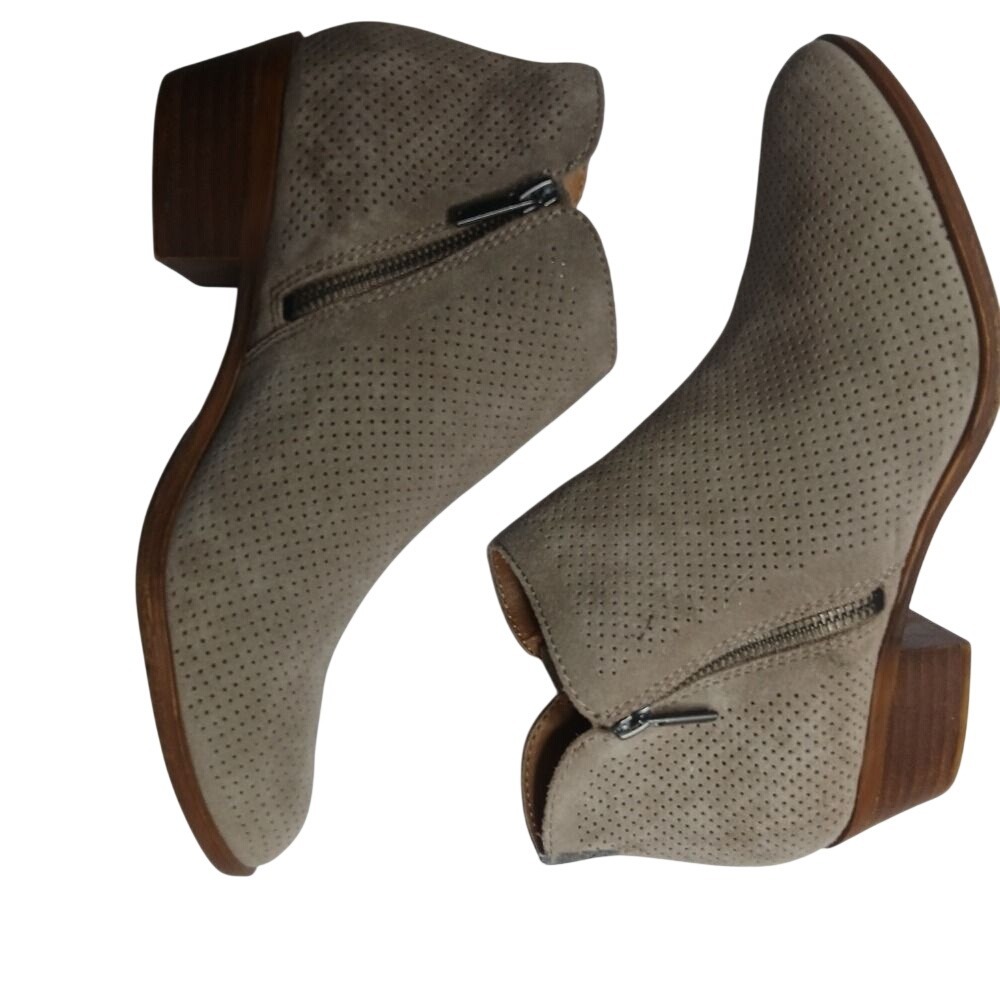 Lucky‎ Brand Basel Booties Women 8.5 Taupe Suede Perforated Dual Zip Ankle Boots